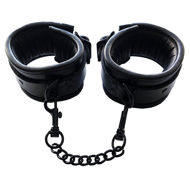 Leather Padded Wrist Cuffs - Black with Black - Bondage