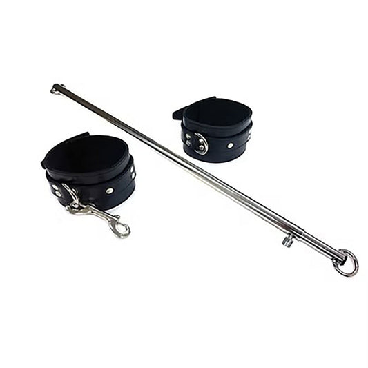Adjustable Stainless Steel Leg Spreader Bar with Black Leather Cuffs - Bondage